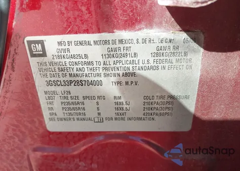 2008 Saturn Vue 4-Cyl Xe z USA, uszkodzony, nr VIN 3GSCL33P28S704000